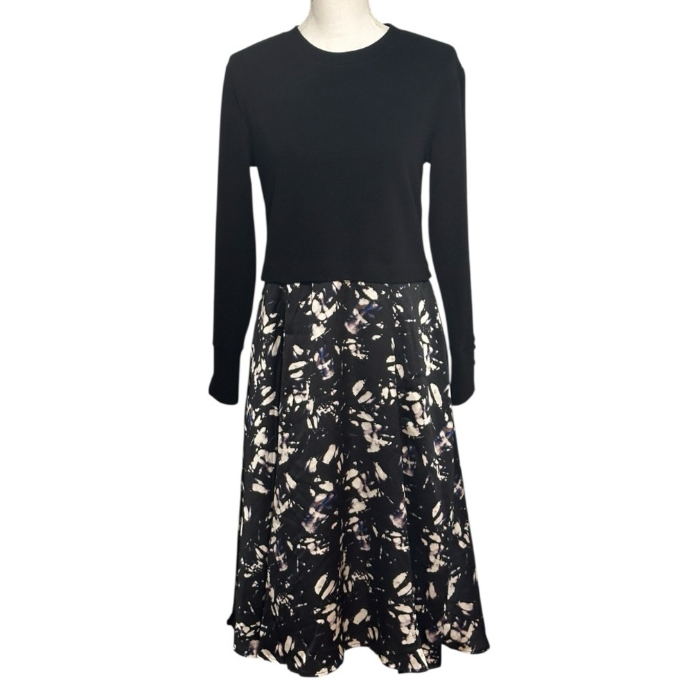 Chenault Black Long-sleeve Novelty Print Silk Skirt Dress NWT